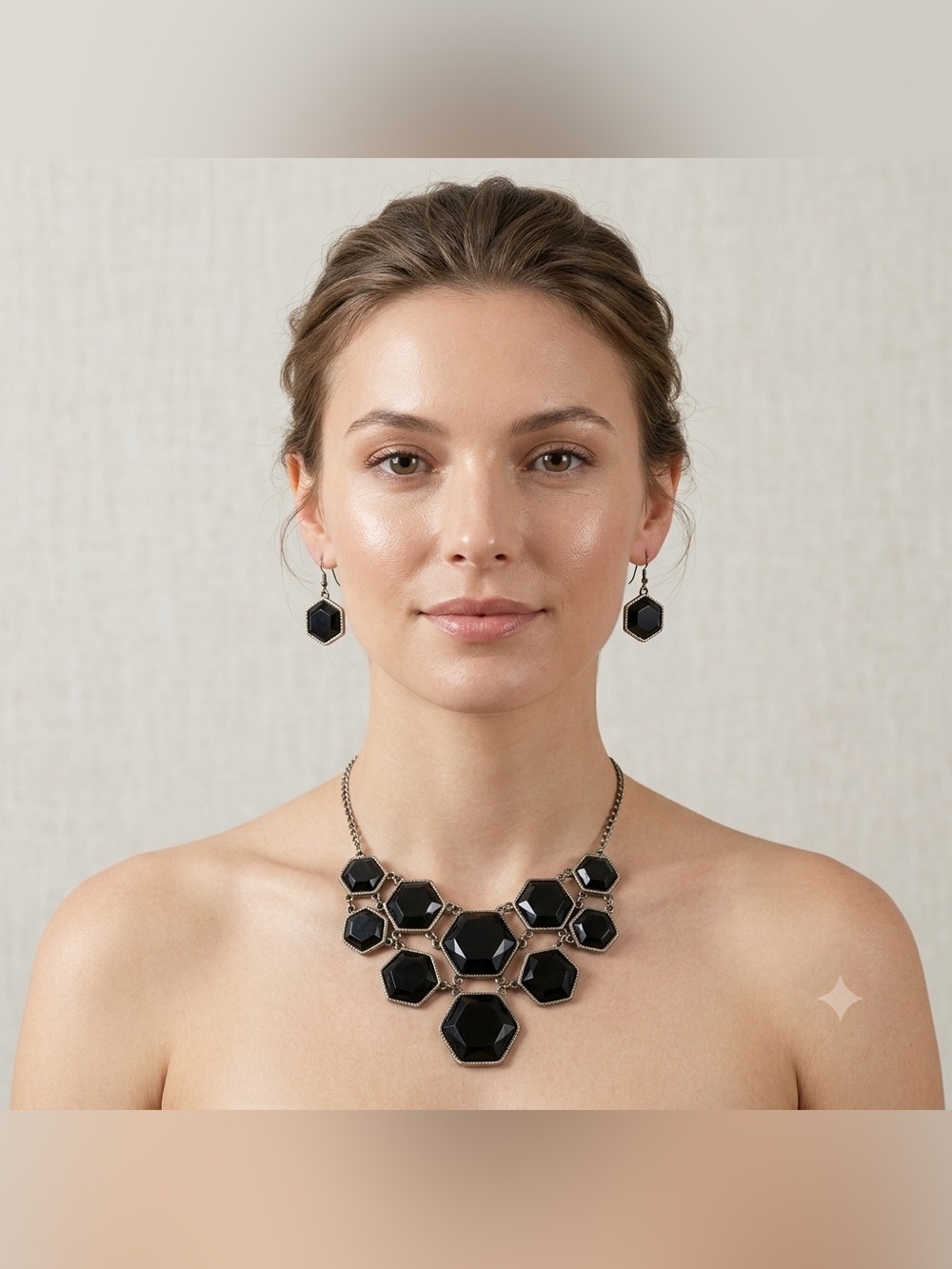 Vintage Y2K Geometric Onyx Necklace and Earrings Set